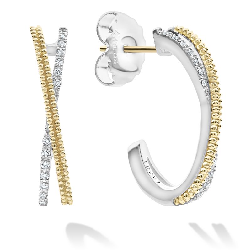 Lagos Sterling Silver And 18K Yellow Gold Caviar Lux 25Mm Large X Crossover Single Row Diamond Hoop Earrings