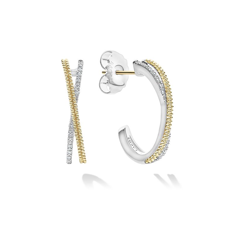 Lagos Sterling Silver And 18K Yellow Gold Caviar Lux Small Caviar X Crossover Hoop Earrings