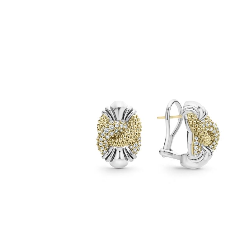 Lagos Sterling Silver And 18K Yellow Gold Caviar Lux 19X13Mm Diamond Pave And Caviar Knot Twist Omega Clip Earrings