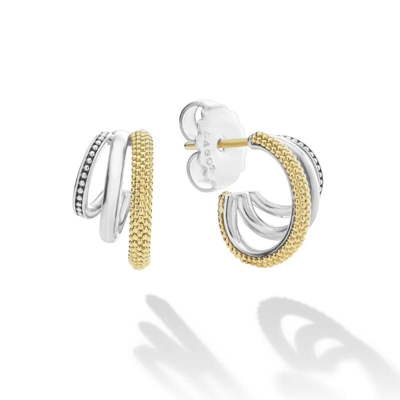 Lagos Caviar Lux Two-Tone Three Ring Hoop Earrings