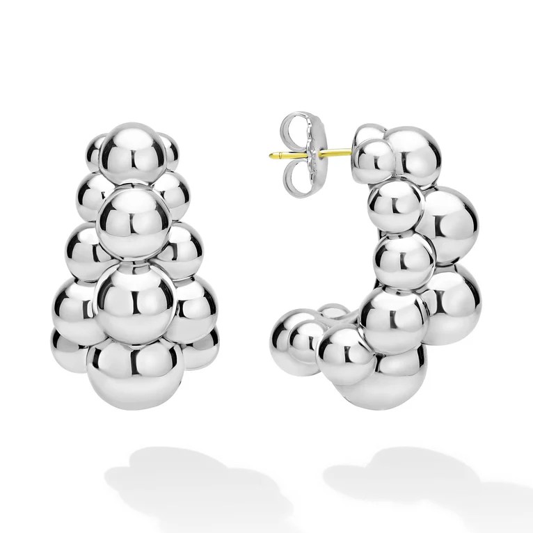 Lagos Caviar Bubbly 35x21mm Three Row Beaded Hoop Earrings