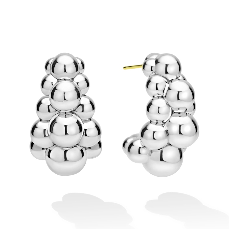 Lagos Caviar Bubbly 35x21mm Three Row Beaded Hoop Earrings