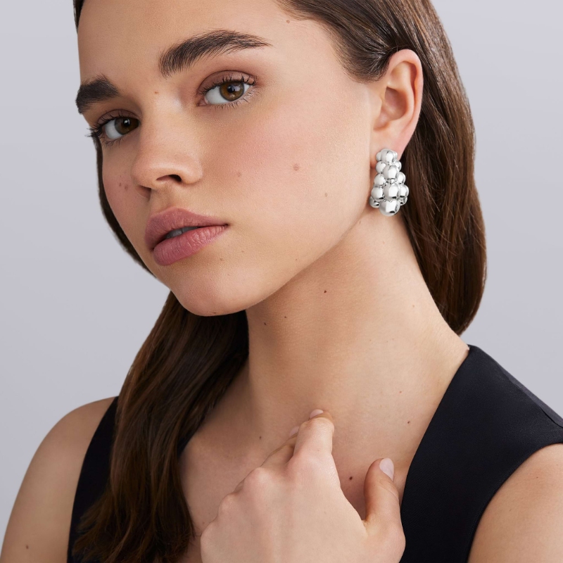 Lagos Caviar Bubbly 35x21mm Three Row Beaded Hoop Earrings