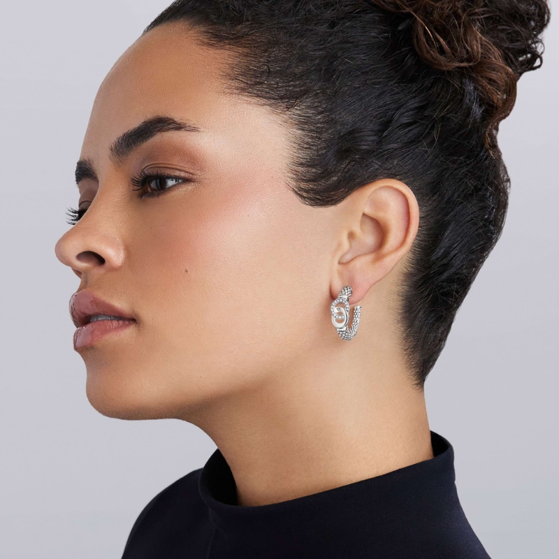 Lagos Signature Caviar 25X9Mm Interlocking Stud Hoop Earrings In Sterling Silver With Diamonds Weighing Approx. 0.21 Carat Total Weight