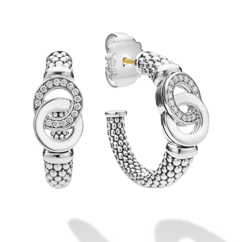 Lagos Signature Caviar 25X9Mm Interlocking Stud Hoop Earrings In Sterling Silver With Diamonds Weighing Approx. 0.21 Carat Total Weight