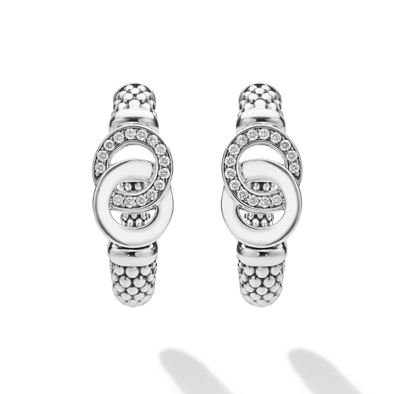 Lagos Signature Caviar 25X9Mm Interlocking Stud Hoop Earrings In Sterling Silver With Diamonds Weighing Approx. 0.21 Carat Total Weight