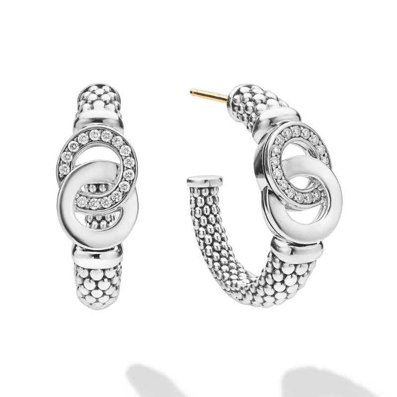 Lagos Signature Caviar 25X9Mm Interlocking Stud Hoop Earrings In Sterling Silver With Diamonds Weighing Approx. 0.21 Carat Total Weight
