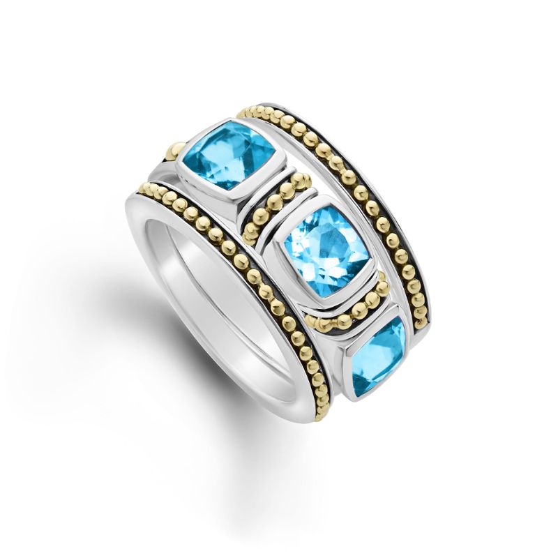 Lagos Sterling Silver And 18K Yellow Gold Caviar Color 3 Part Stacking Ring