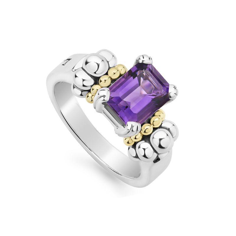 Lagos Sterling Silver And 18K Yellow Gold Glacier Small 9X7Mm Emerald Cut Amethyst Ring
