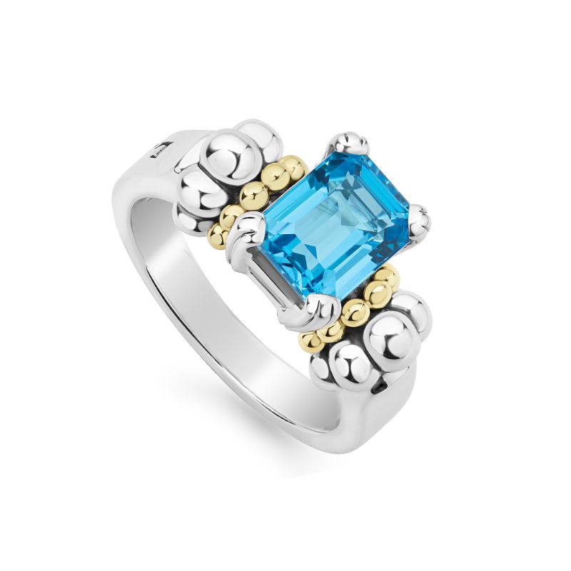 Lagos Sterling Silver And 18K Yellow Gold Glacier Small 9X7Mm Emerald Cut Swiss Blue Topaz Ring
