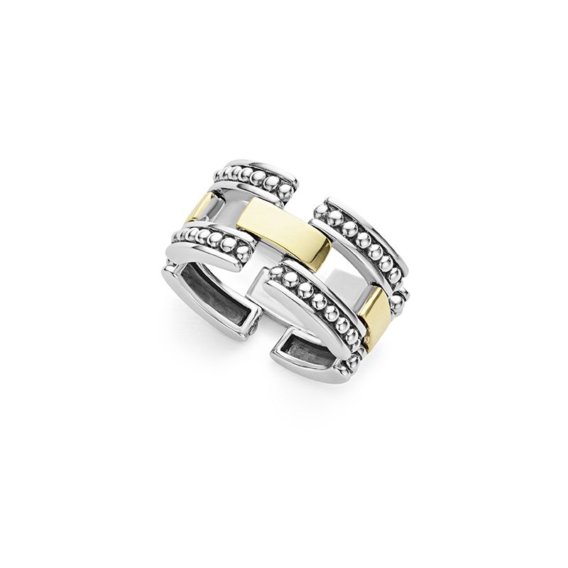 Lagos Sterling Silver And 18K Yellow Gold High Bar 12Mm Gold Caviar Link Band Ring