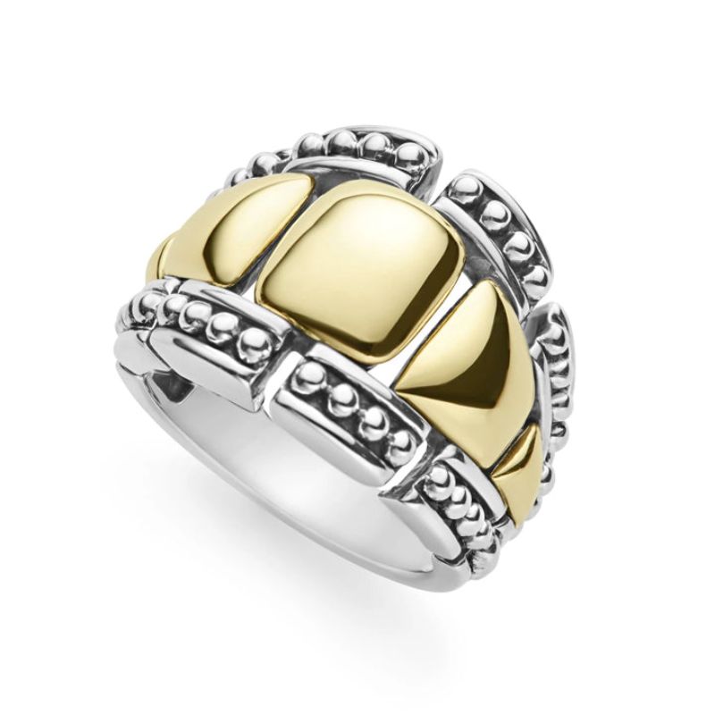 Lagos Sterling Silver And 18K Yellow Gold High Bar 18Mm Gold Caviar Graduate Statement Ring