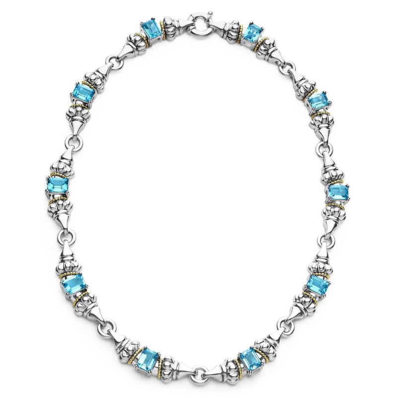 Lagos Sterling Silver And 18K Yellow Gold Glacier Caviar Beaded Necklace With 8X6Mm Emerald Cut Swiss Blue Topaz Stations