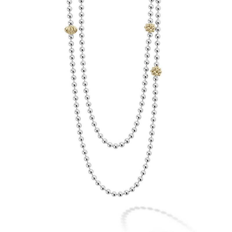 Lagos Sterling Silver And 18K Yellow Gold Caviar Icon Beaded Necklace With Fluted Accents