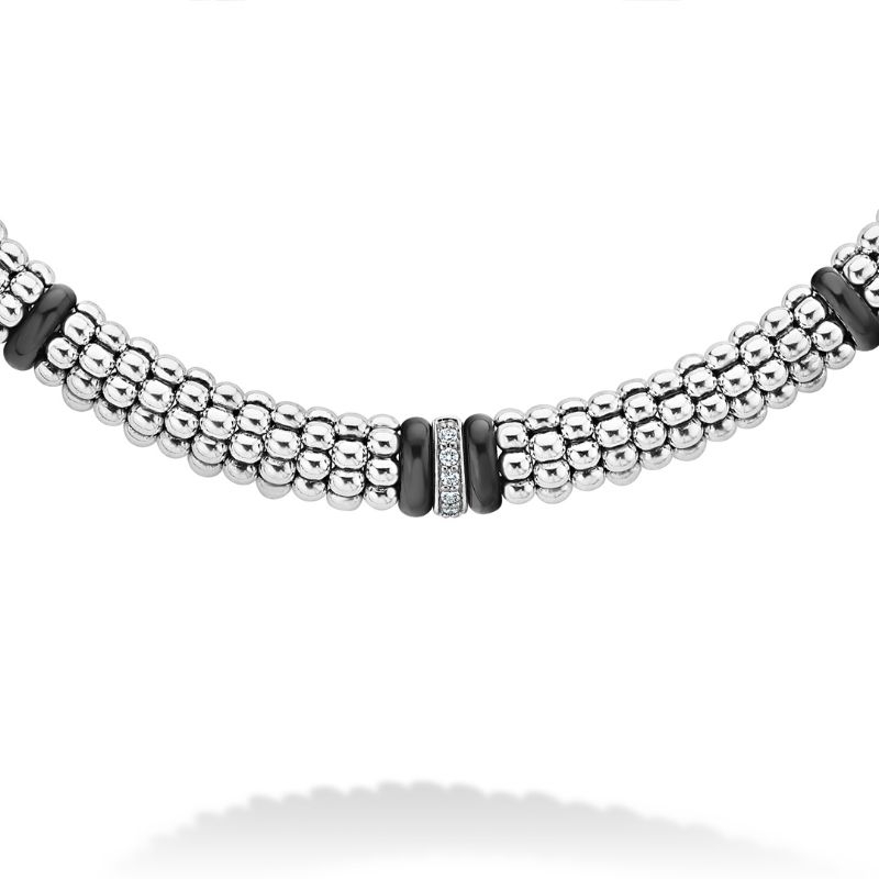 Lagos Sterling Silver Black Caviar Rope Necklace With One Link Center Station With Black Ceramic And Diamonds
