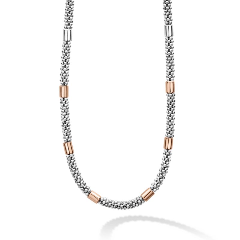 Lagos Sterling Silver And 18K Rose Gold High Bar 5Mm Smooth Rose Gold Station Caviar Rope Necklace