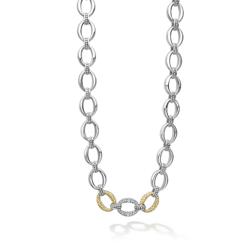 Lagos Sterling Silver And 18K Yellow Gold Caviar Lux Single Diamond Pave Station  Oval Link Necklace
