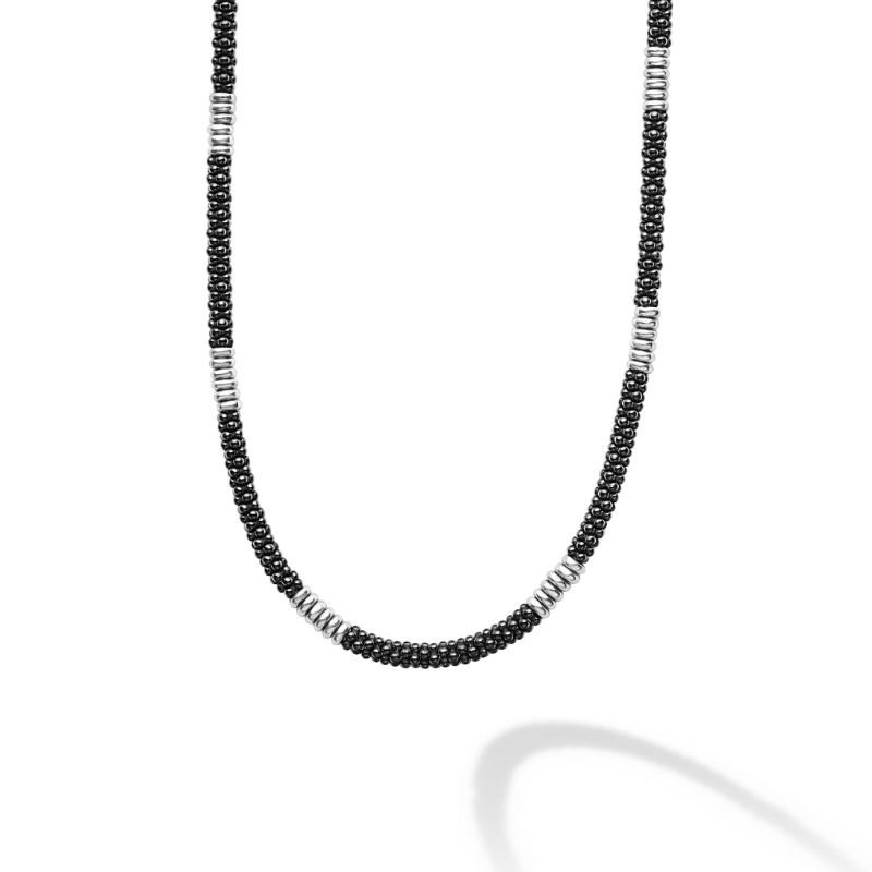 Lagos Sterling Silver Black Caviar Silver Station Ceramic Beaded Necklace