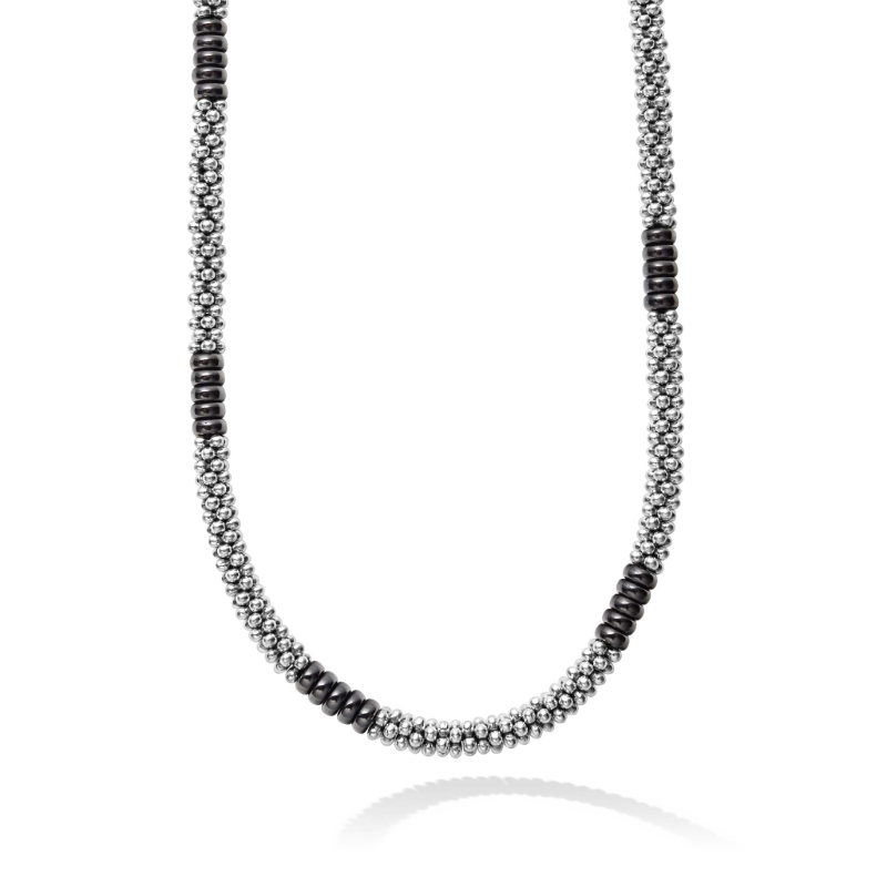 Lagos Sterling Silver Black Caviar Black Ceramic Station Beaded Necklace