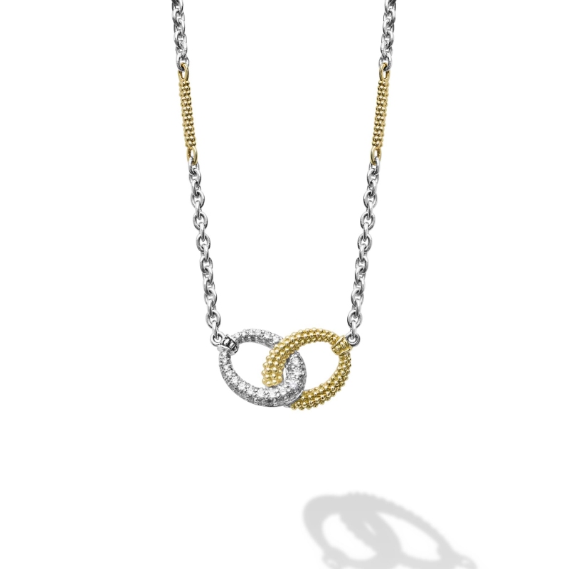 Lagos Caviar Lux Two-Tone Link Diamond Pendant Necklace