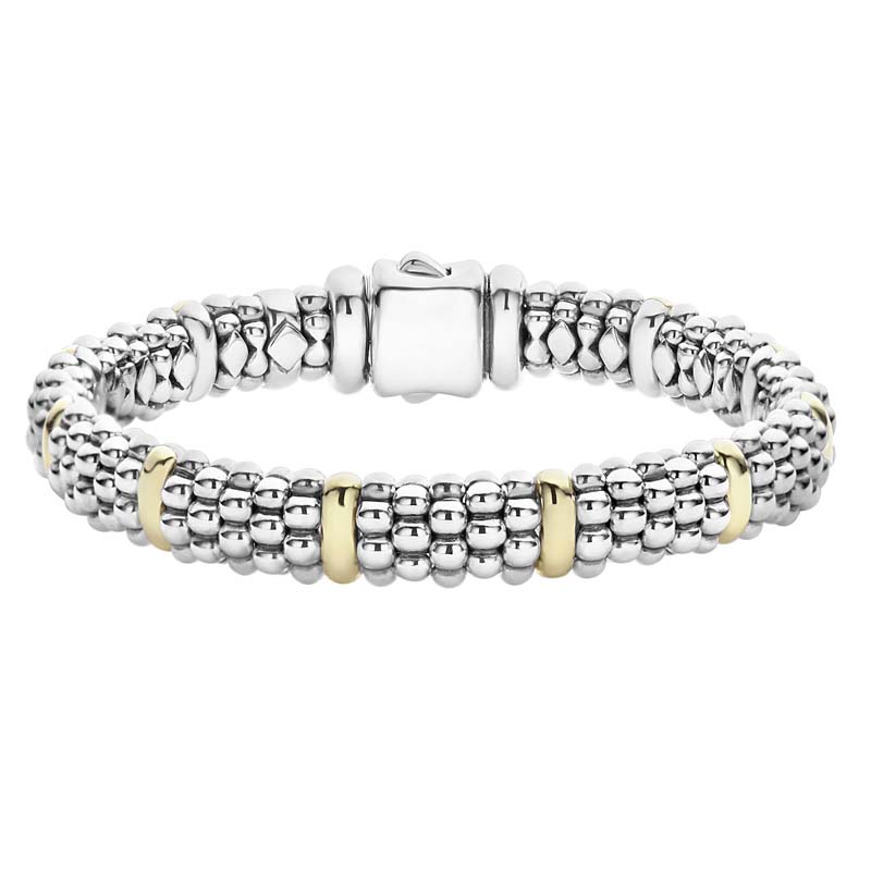 Lagos Sterling Silver And 18K Yellow Gold Signature Caivar Beaded Bracelet With 9 Gold Stations