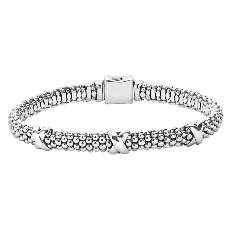 Lagos Sterling Silver Signature Caviar Beaded Rope Bracelet With 3 "X" Stations