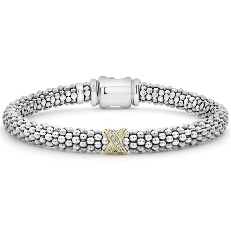 Lagos Sterling Silver And 18K Yellow Gold Caviar Lux Diamond X Station Beaded Rope Bracelet