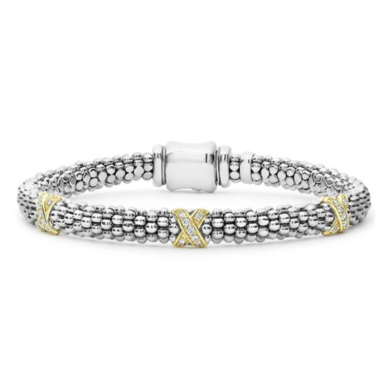 Lagos Sterling Silver And 18K Yellow Gold Caviar Lux Triple Diamond X Stations Beaded Rope Bracelet