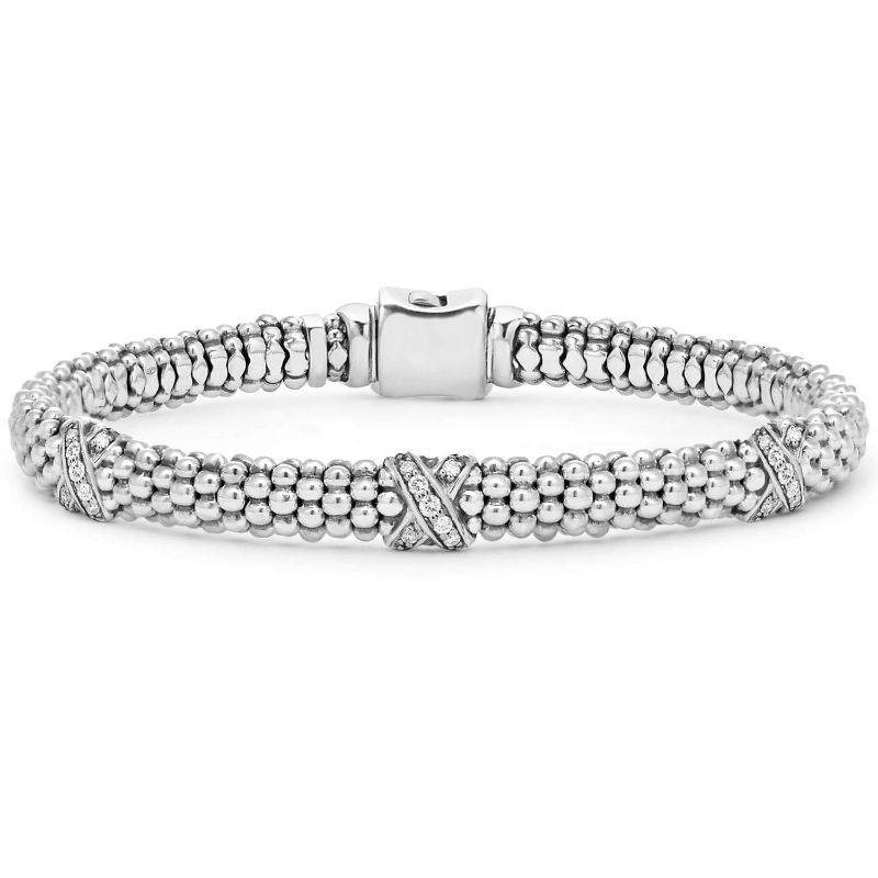 Lagos Sterling Silver Diamond Lux Beaded Bracelet With 3 Pave Diamond "X"