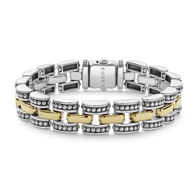 Lagos Sterling Silver And 18K Yellow Gold High Bar Gold Caviar 12Mm Link Bracelet With Double Button Box Clasp