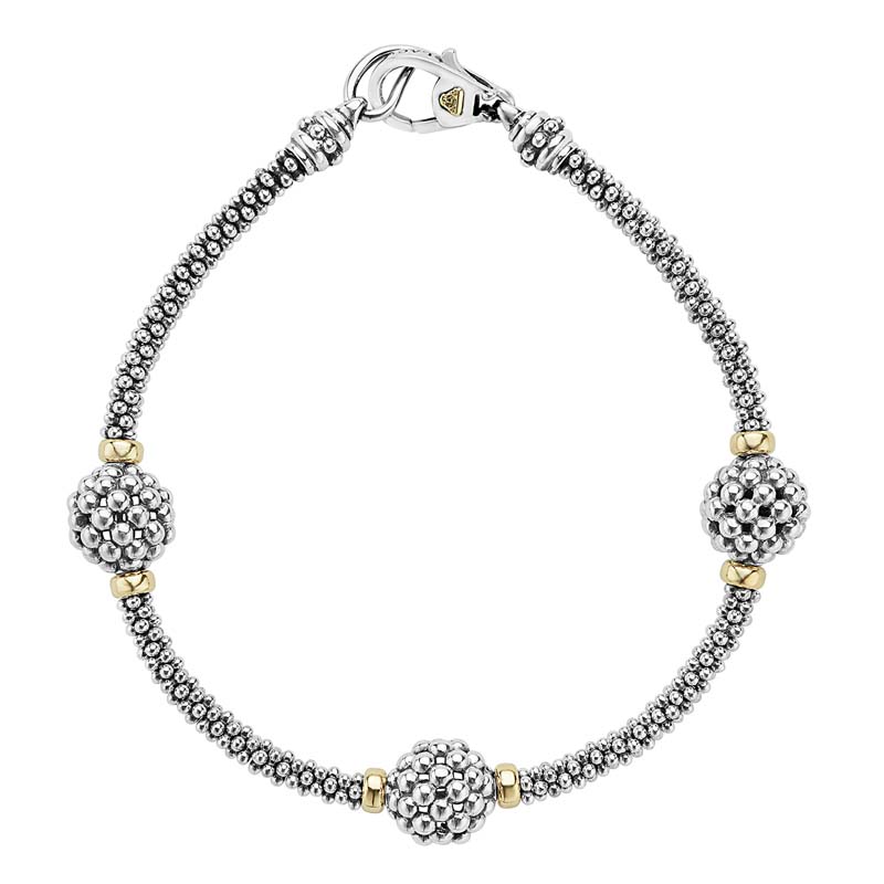 Lagos Sterling Silver And 18K Yellow Gold Caviar Forever Beaded Strand Bracelet With 3 Ball Stations