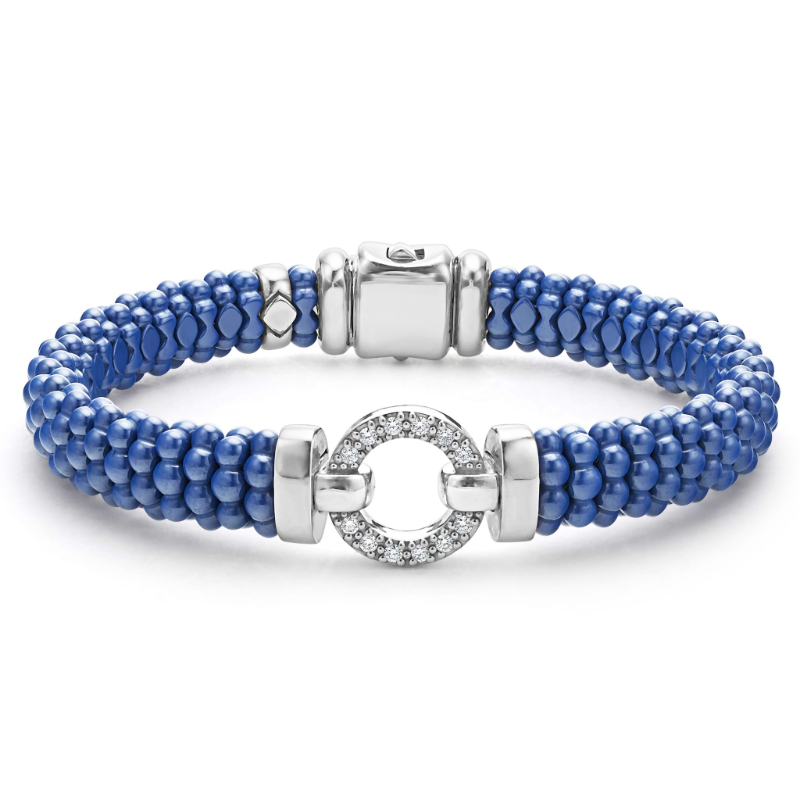 Lagos Sterling Silver Blue Caviar Diamond Circle Station Blue Ceramic Bracelet