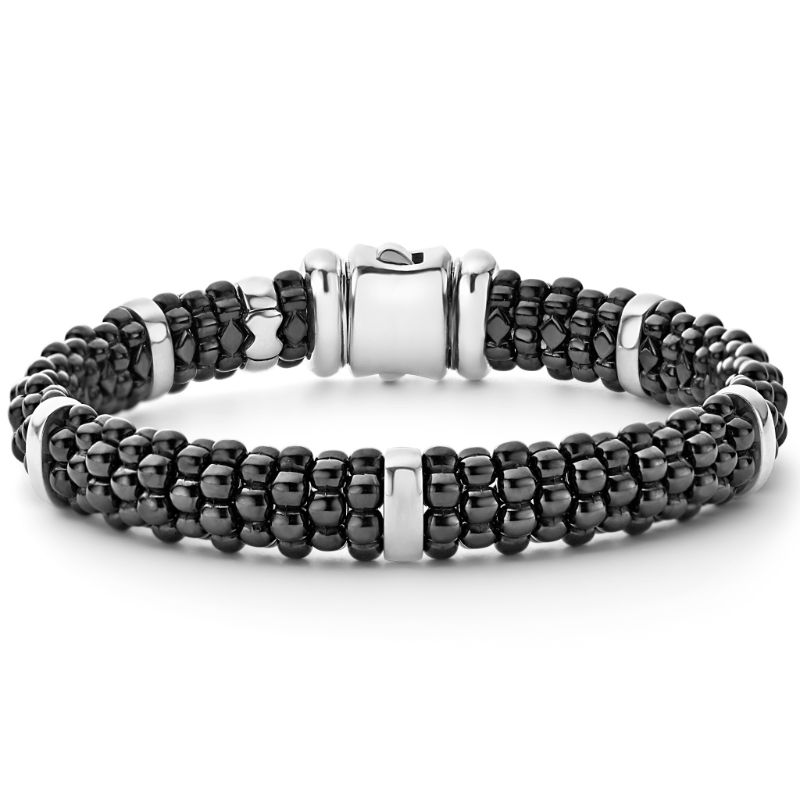 Lagos Sterling Silver And 18K Yellow Gold Black Caviar Five Bar Station Beaded Bracelet