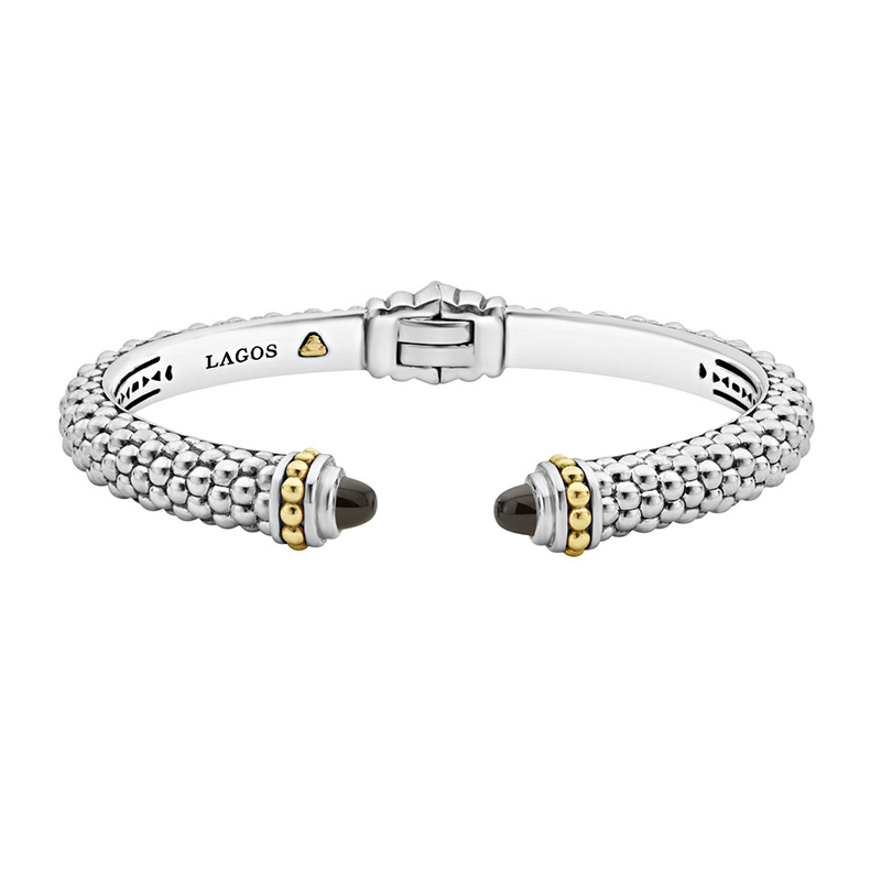Lagos Sterling Silver And 18K Yellow Gold Caviar Cuff Hinge Cuff Bracelet With Black Onyx