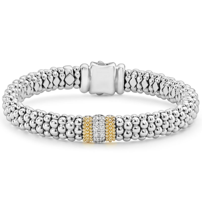 Lagos Sterling Silver And 18K Yellow Gold Diamond Lux Small Caviar Bracelet With Diamonds