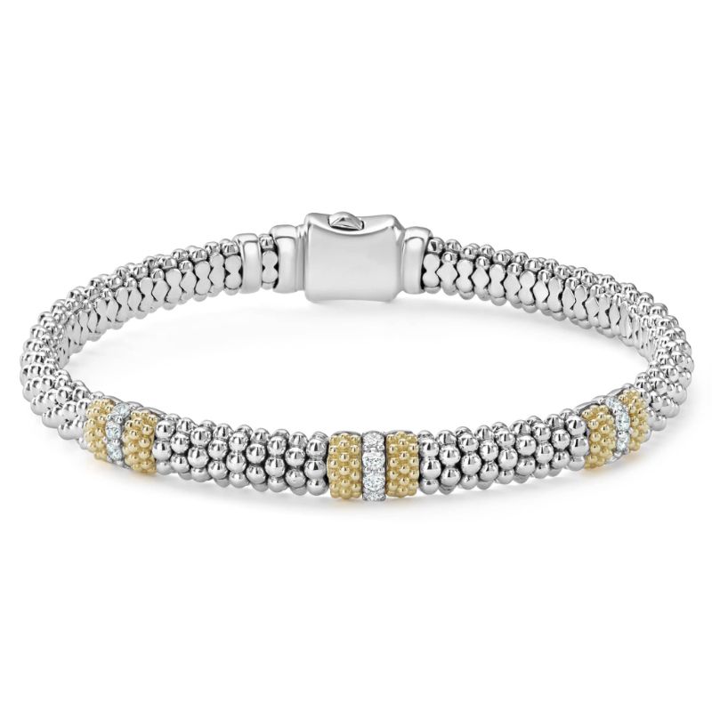 Lagos Sterling Silver And 18K Yellow Gold Caviar Lux 3 Small Stations Caviar Bracelet