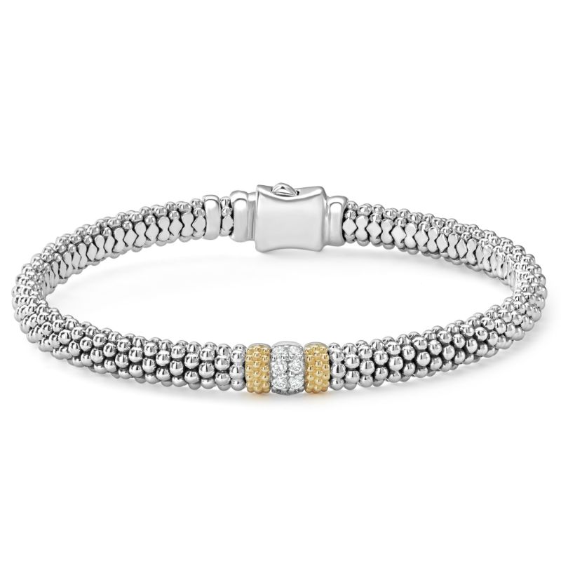 Lagos Sterling Silver And 18K Yellow Gold Diamond Lux Single Small Station Bracelet With Diamoinds