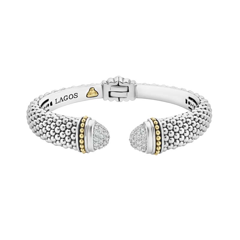 Lagos Sterling Silver And 18K Yellow Gold Diamonds And Caviar Hinged Cuff Bracelet With Diamonds
