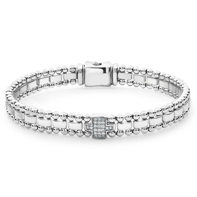 Lagos Sterling Silver Caviar Spark Diamond Station Caviar Beading Link Bracelet