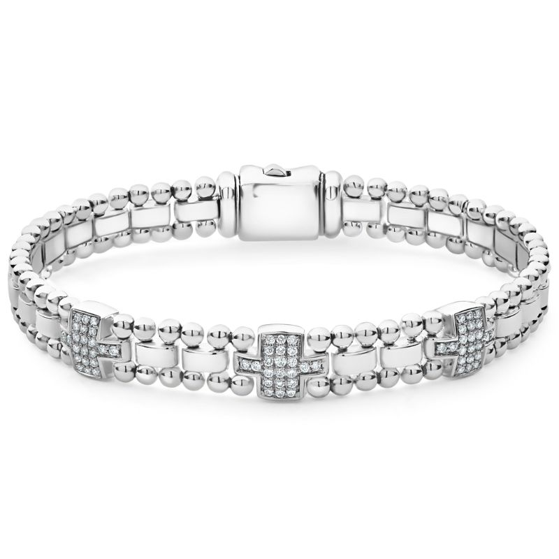 Lagos Sterling Silver Caviar Spark 3 Diamond Station Caviar Beading Link Bracelet