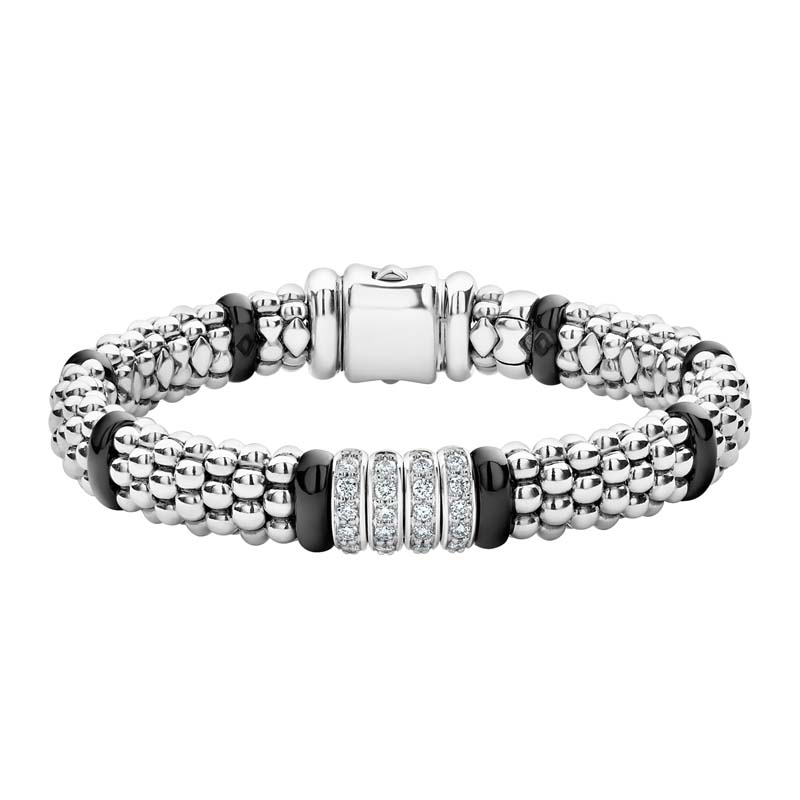 Lagos Sterling Silver Black Caviar Four Diamond Link Center Rope Bracelet With Smooth Black Ceramic