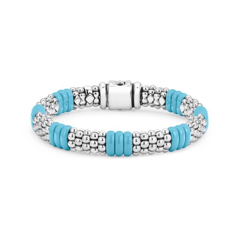 Lagos Sterling Silver Blue Caviar Blue Ceramic Smooth 3 Bar Stations Rope Bracelet