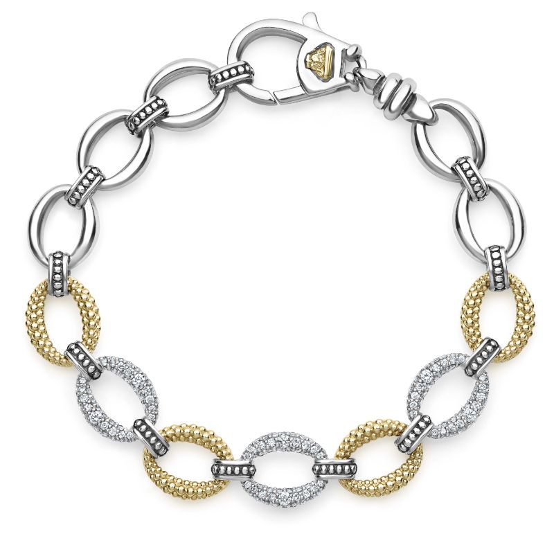 Lagos Sterling Silver And 18K Yellow Gold Caviar Lux Three Station Pave Diamond Link Bracelet