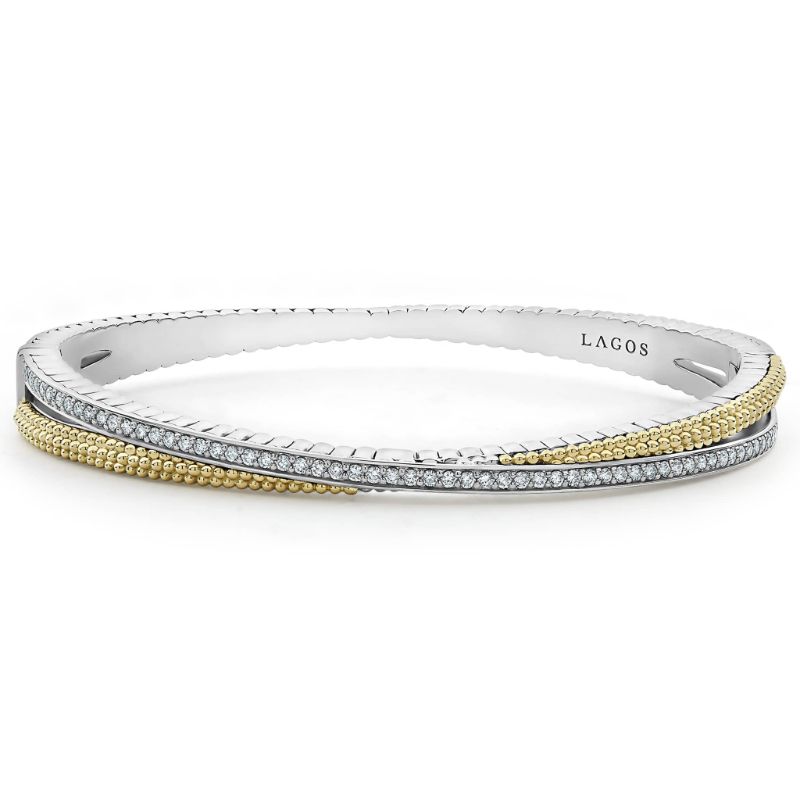 Lagos Sterling Silver And 18K Yellow Gold Caviar Lux Thin X Crossover Bangle Bracelet