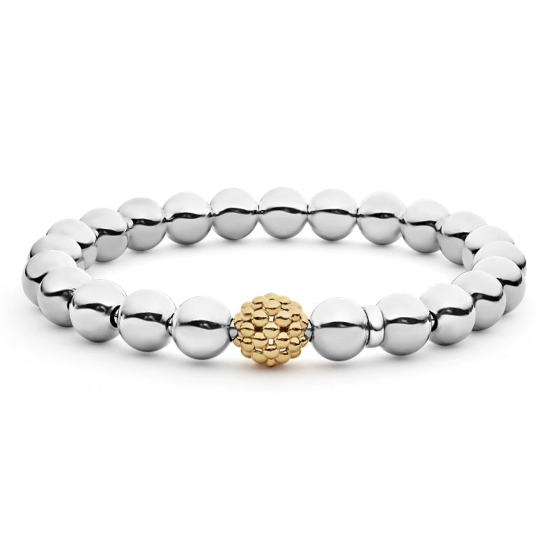Lagos Sterling Silver And 18K Yellow Gold Signature Caviar 8Mm Lattice Ball Stretch Bracelet