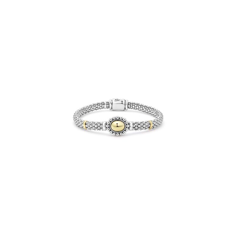 Lagos Sterling Silver And 18K Yellow Gold High Bar Gold Caviar Oval Station 6Mm Beaded Rope Bracelet