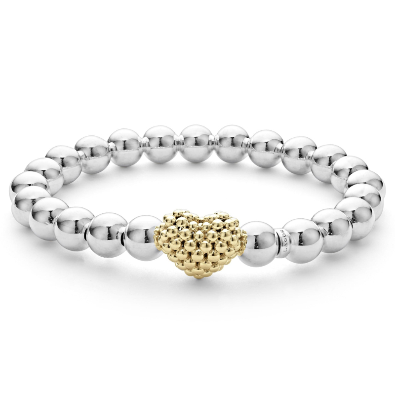 Lagos Sterling Silver And 18K Yellow Gold Signature Caviar Stretch Gold Heart Bead Bracelet