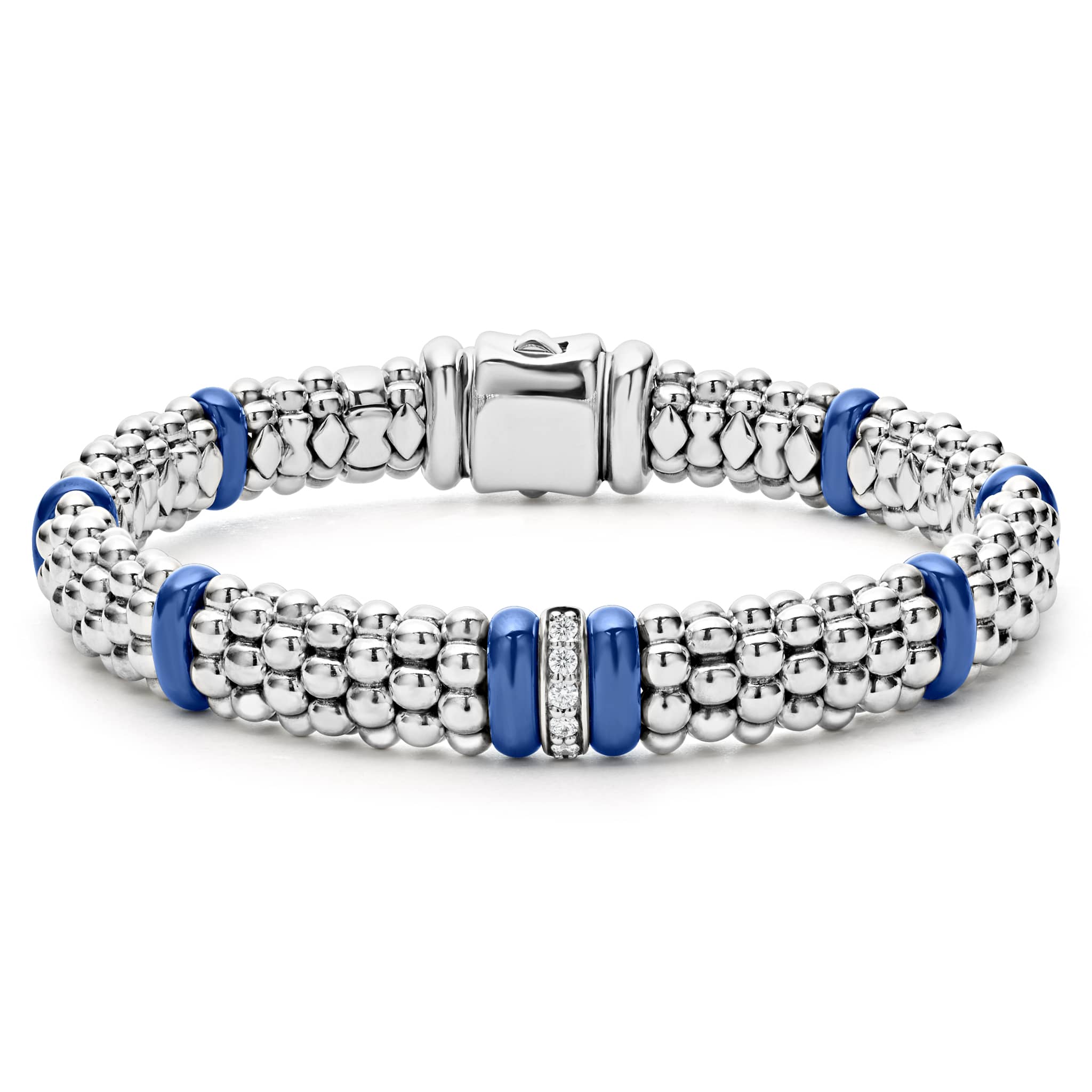 Lagos Sterling Silver And 18K Yellow Gold Blue Caviar Single Station Diamond Caviar Rope Bracelet