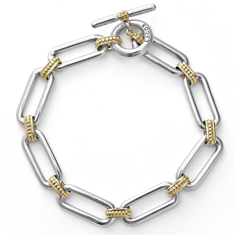 Lagos Sterling Silver And 18K Yellow Gold Signature Caviar Smooth Oval Link Bracelet