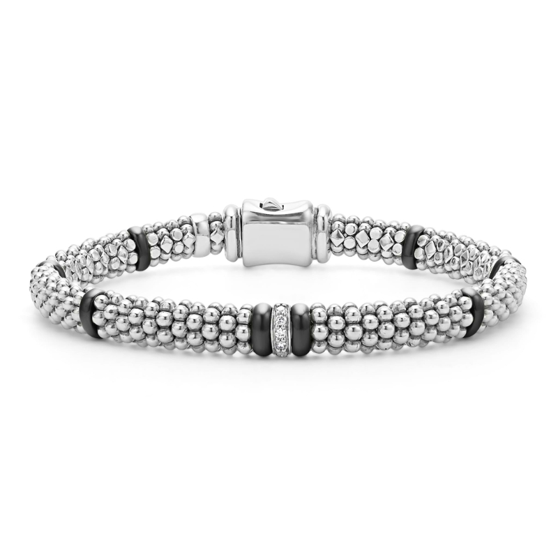 Lagos Sterling Silver Black Caviar Single Station Diamond Caviar Bracelet